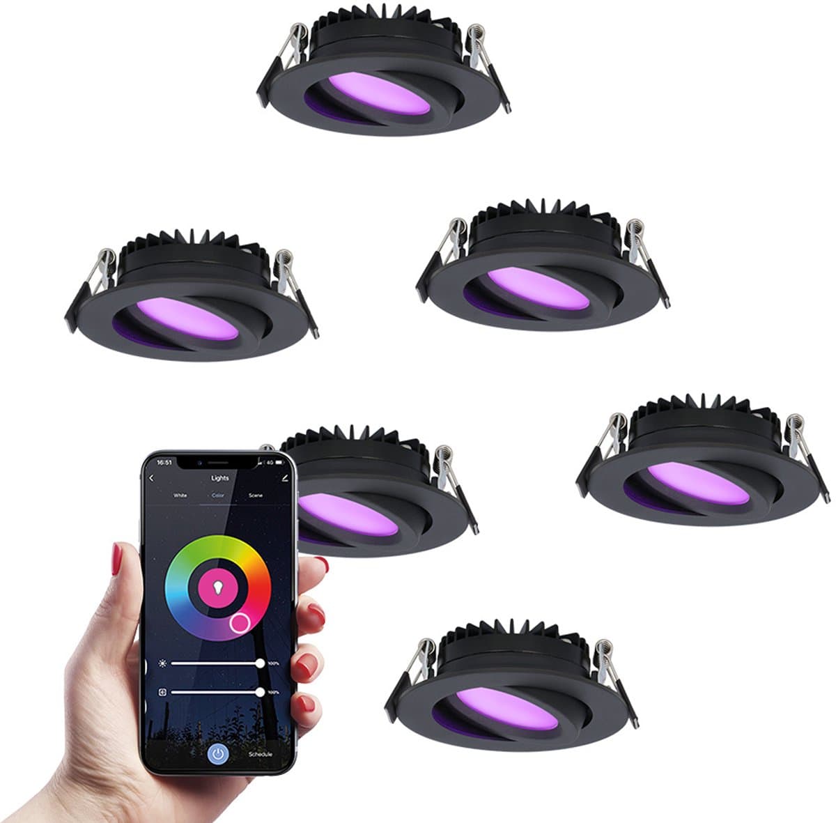 6x Hoftronic Smart - Rome smart inbouwspot - LED - Zaagmaat 75mm - Zwart - Besturing via app - WiFi - Bluetooth - Dimbaar - Kantelbaar - 6 Watt - 480 lumen - 230V - 2700-6000K - RGBWW - Plafondspots - Inbouwspot badkamer en buiten - 5 jaar garantie