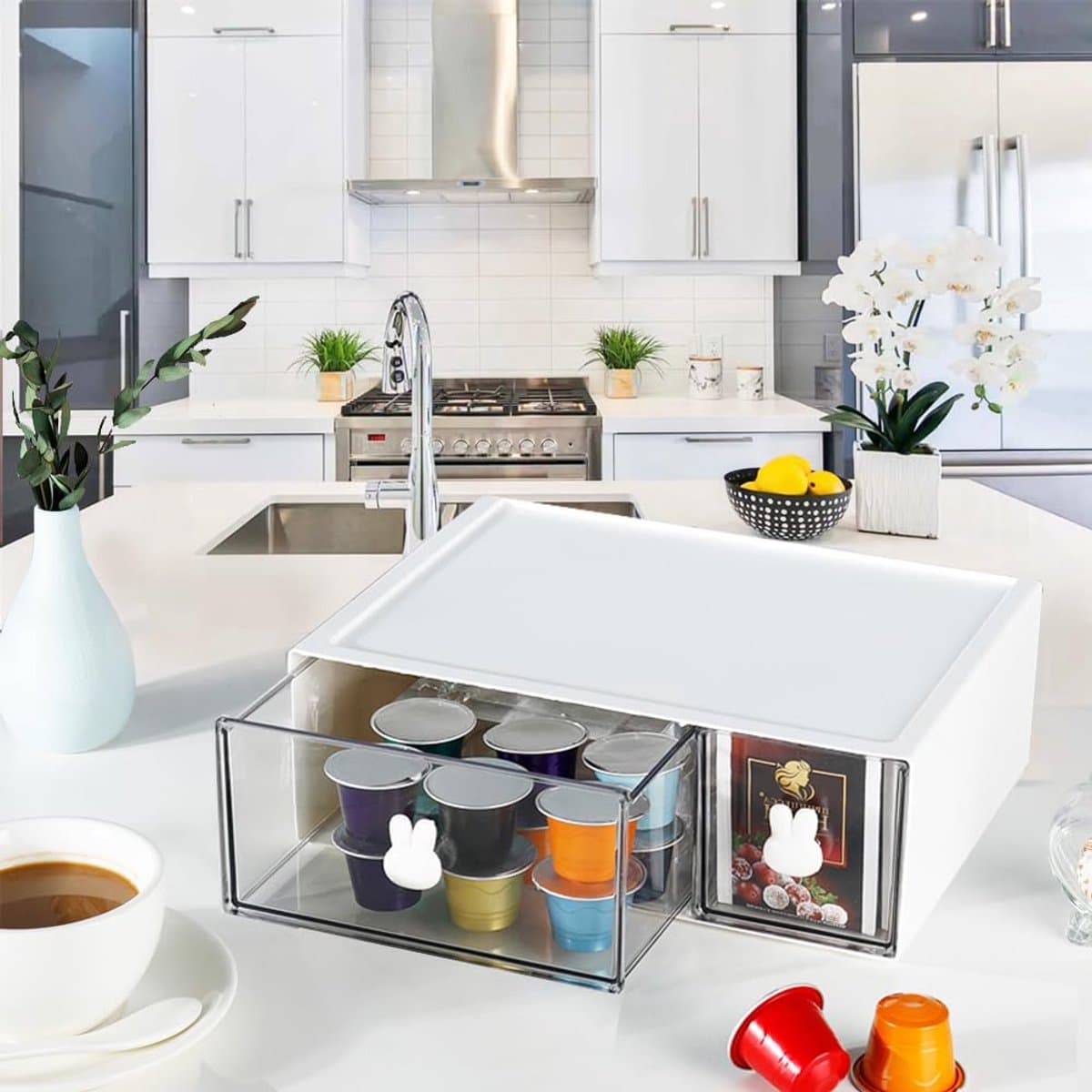QTTVBTNA -Stapelbare Thee Organizer – Kunststof Opbergbox met 2 Laden voor Theezakjes, Koffie, Kruiden en Accessoires – Keuken, Badkamer, Werkkamer (Wit)