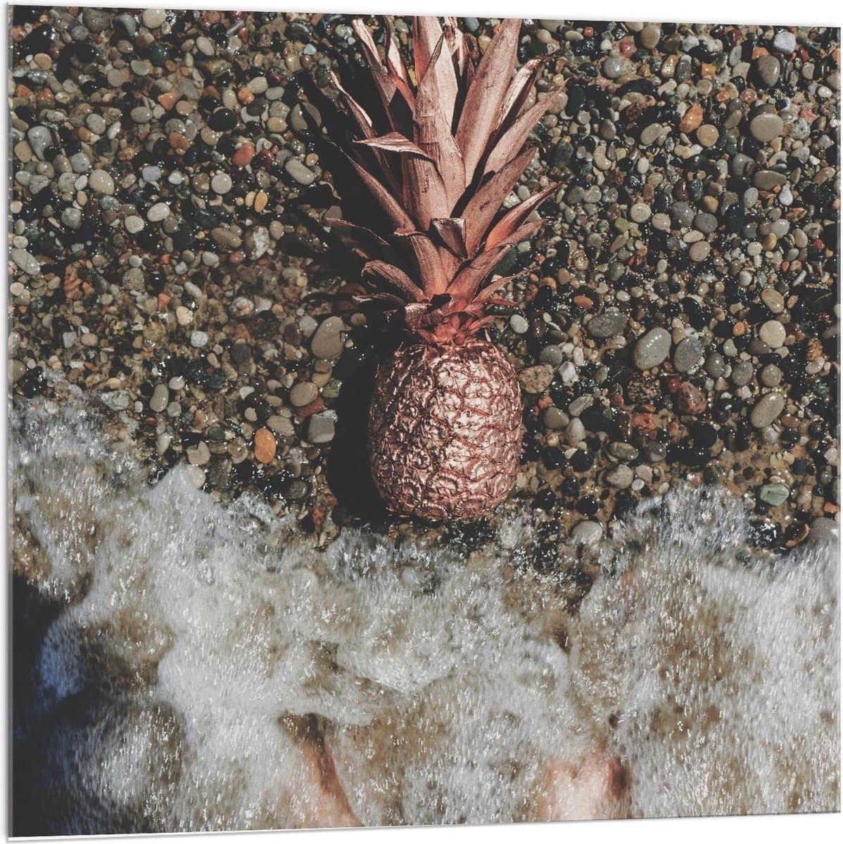 Acrylglas - Gouden Ananas Spoelt aan - 100x100cm Foto op Acrylglas (Met Ophangsysteem)
