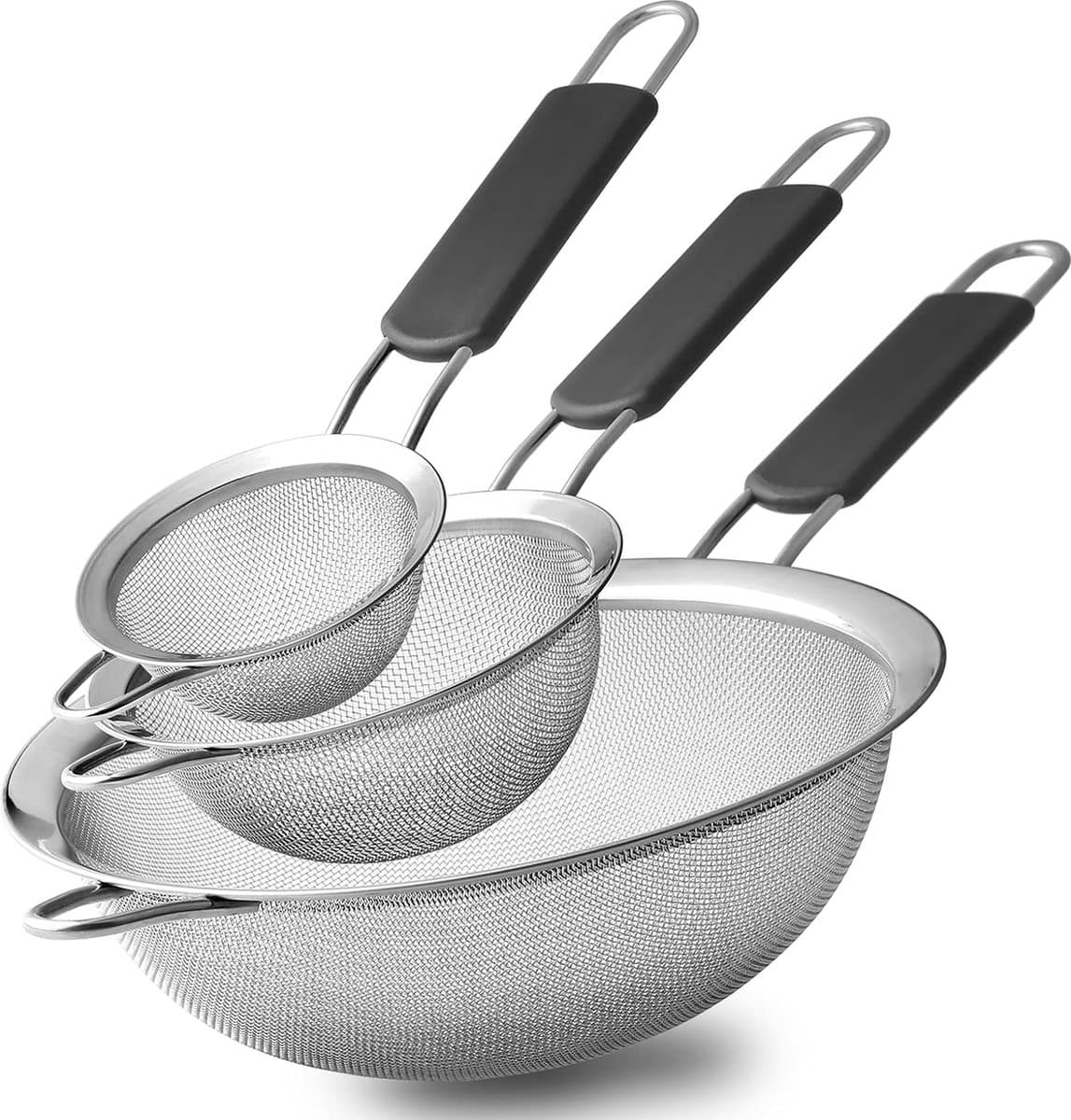 Roestvrijstalen fijnmazige zeven, set van 3 maten zeef voor keuken, draadzeef met geïsoleerde handgreep keukenzeef, bakgereedschap vergiet, voedselbereiding, meelzeef, rijst, pasta-zeef