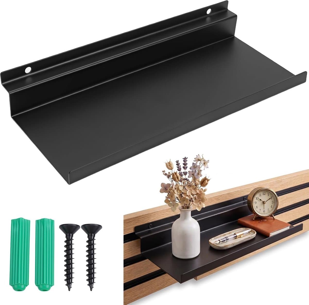 2 stuks metalen planken voor akoestische panelen, 10 x 25 cm, zwart