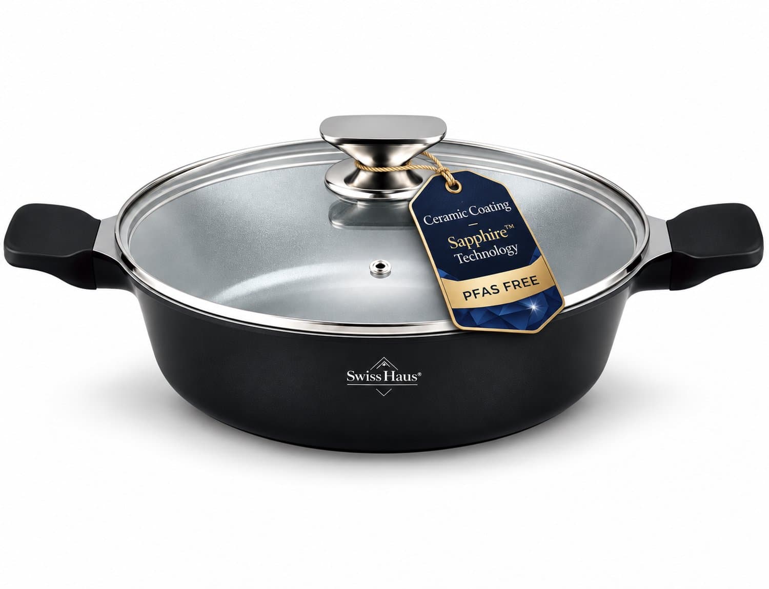 Swiss Haus® BLC32B Hapjespan Inductie met Deksel - Ø 32 cm / 5.5 Liter - PFAS Vrij - Hapjespannen Voor Alle Warmtebronnen - Braadpan Met Sapphire™ Antiaanbaklaag - Zwart