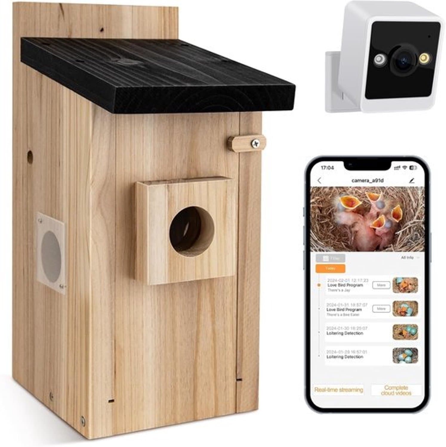 Vogelhuis met camera - Nestkastcamera - Vogels bekijken - 4MP nachtzicht - 15 x 33 x 20.5 cm - Houtkleur
