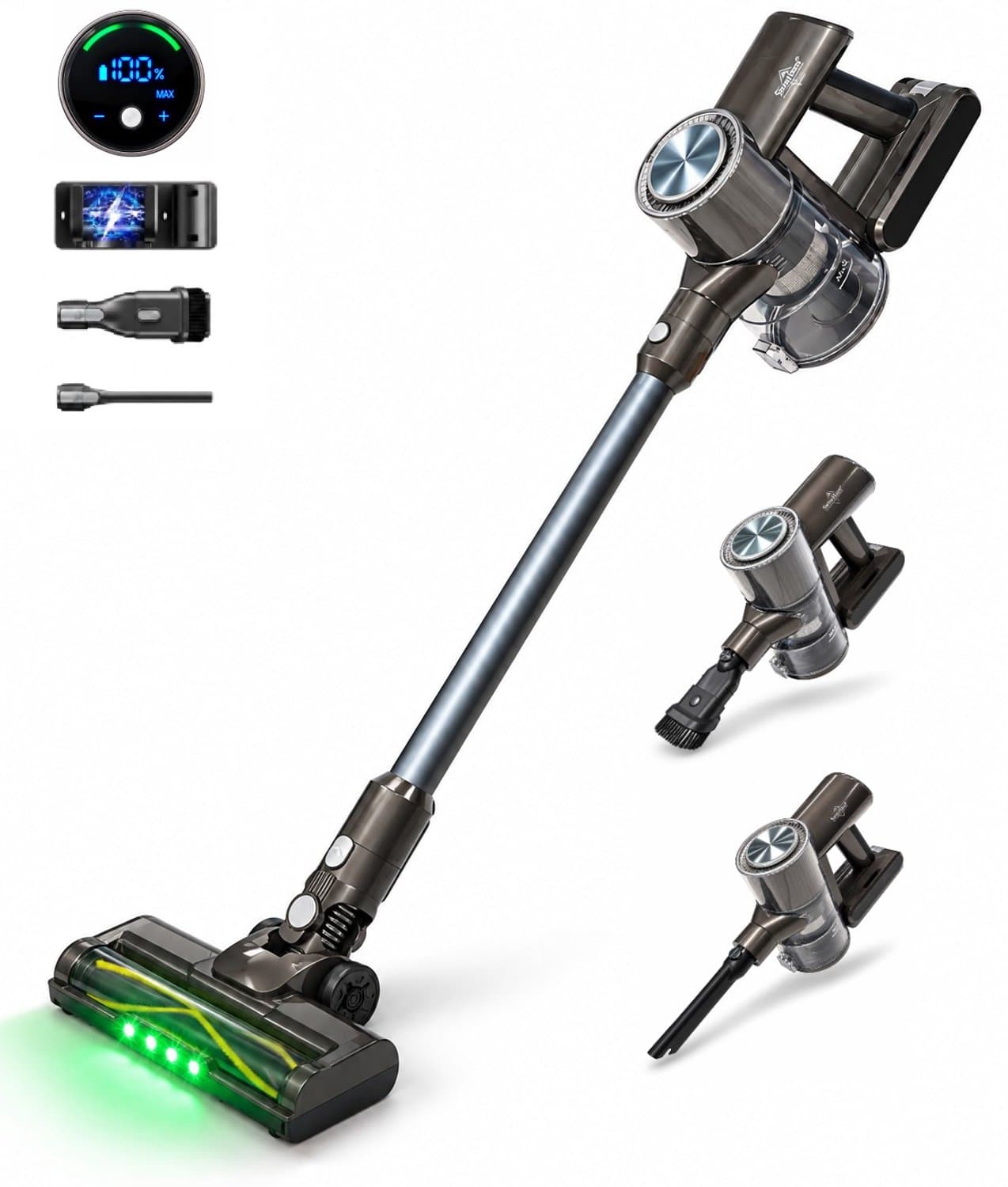 Swiss Haus® CVC22 Steelstofzuiger Draadloos – 35 Minuten - 3 Snelheden – HEPA Filter – Draadloze Stofzuiger Zonder Zak - LED Display – Wandhouder – 150W - Vacuum Cleaner - Grijs