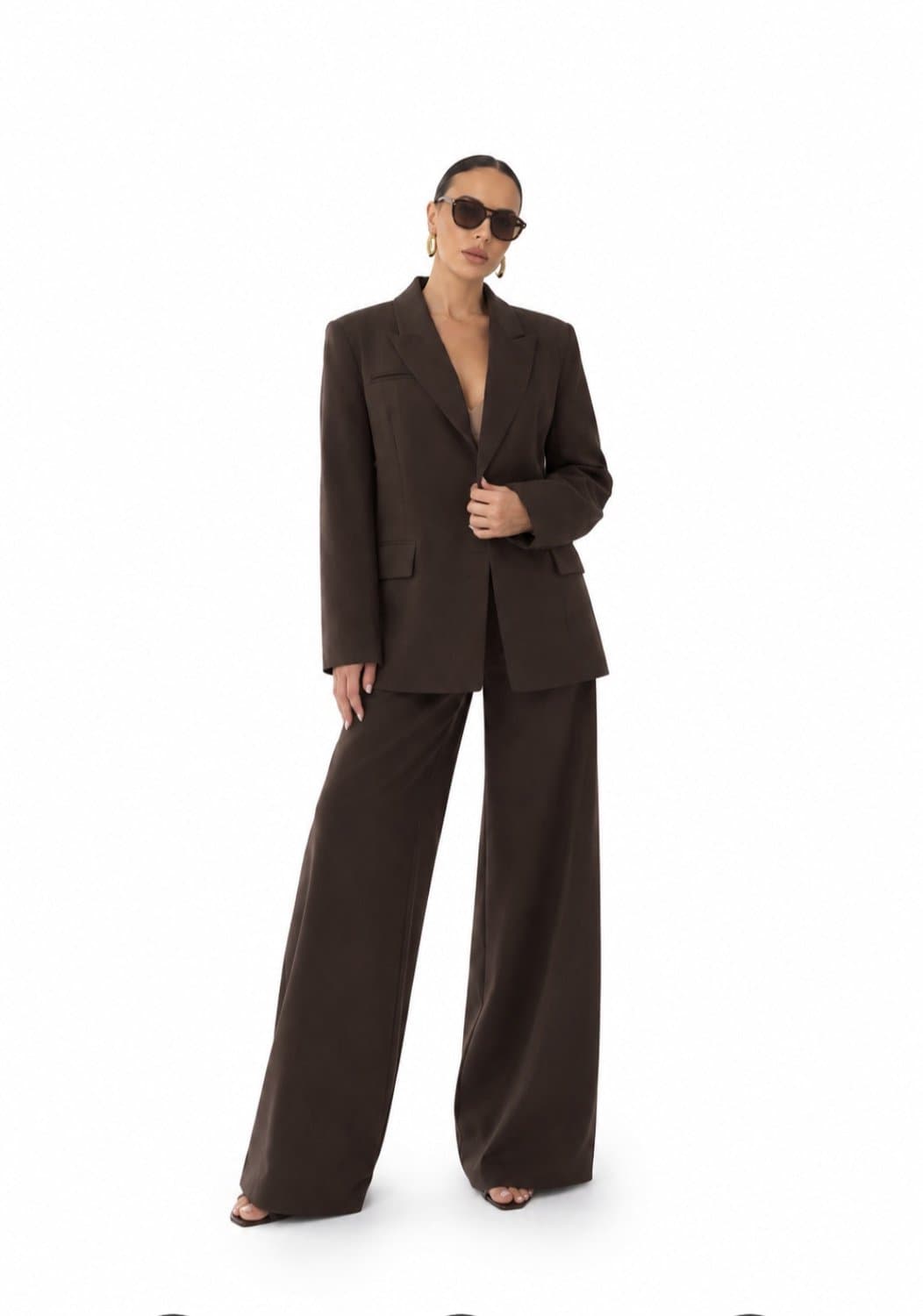 Set - Geheel - Damespak Chocoladebruin – Elegante Blazer & Wijde Pantalon - Maat L