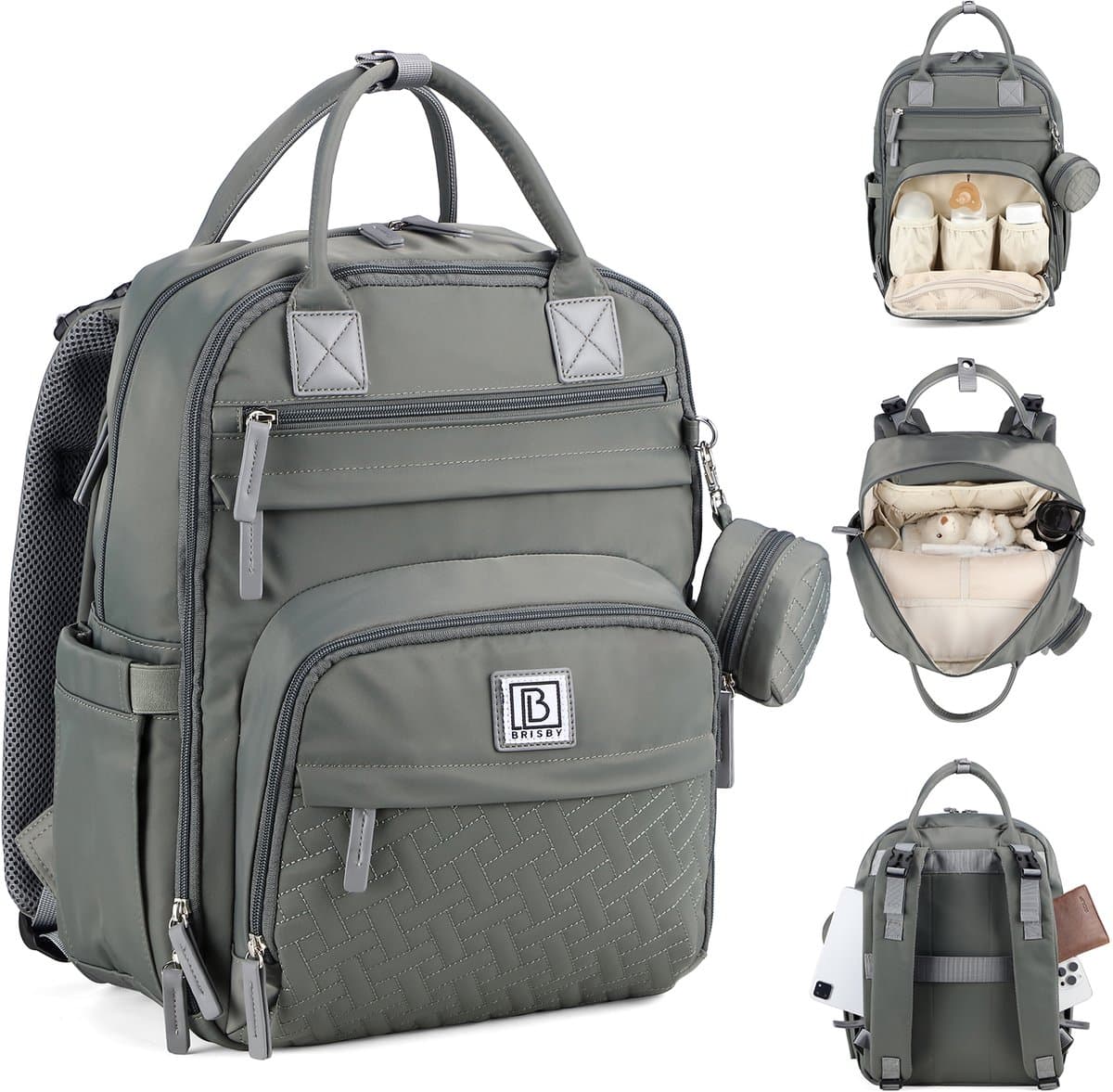 Brisby Premium Luiertas – Uitgebreide en Functionele Verzorgingstas – met buggymontage – Anti Diefstal Vakken - Reistrolley Sleeve - Inclusief verschoonmatje t.w.v.15,99 euro en speenhouder - Levenslange Garantie - Misty Green