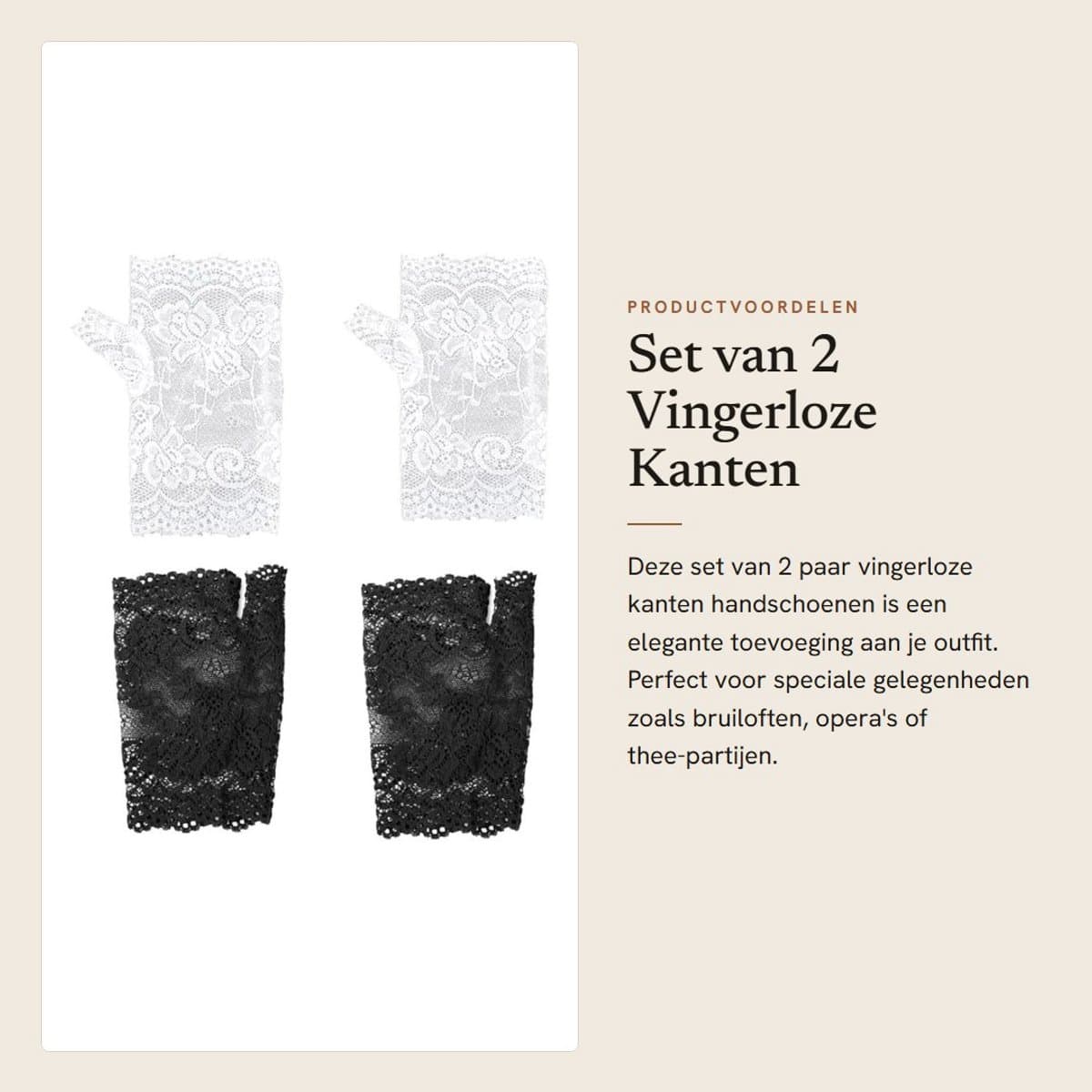 Dailygoods- Vingerloze Handschoenen Kanten - 2 Paar - Dameshandschoenen - Bruidshandschoenen - Korte Vingerloze Handschoenen - Ademend Materiaal