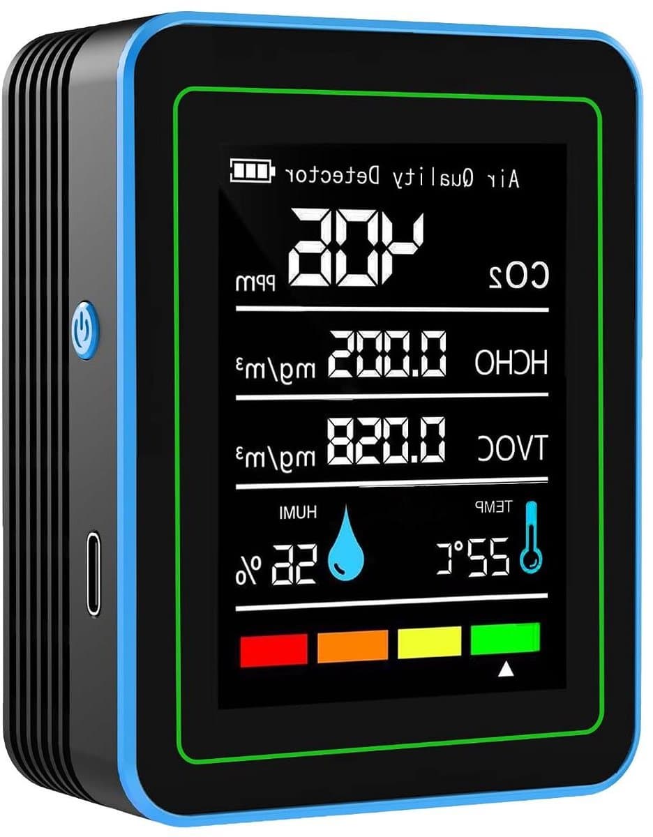 Luchtkwaliteit Monitor - Luchtmeter Sensor - Binnenklimaat Meten - 5-in-1 Detector - 9x7x3.5 cm - Zwart