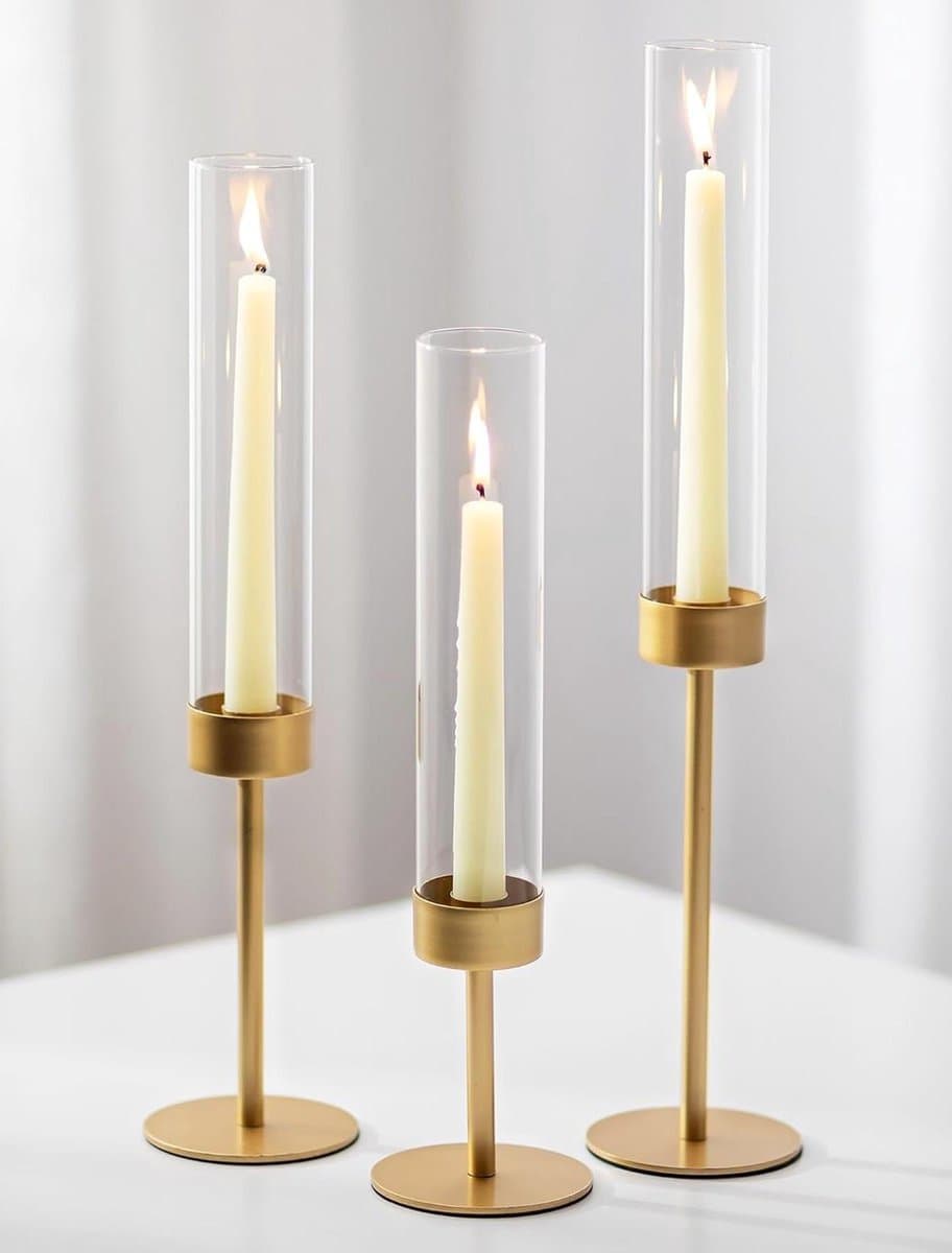 Kandelaars met Glas - Set van Drie - Tafeldecoratie Maken - Windbestendig Ontwerp - 37-48cm Hoog - Goudkleurig