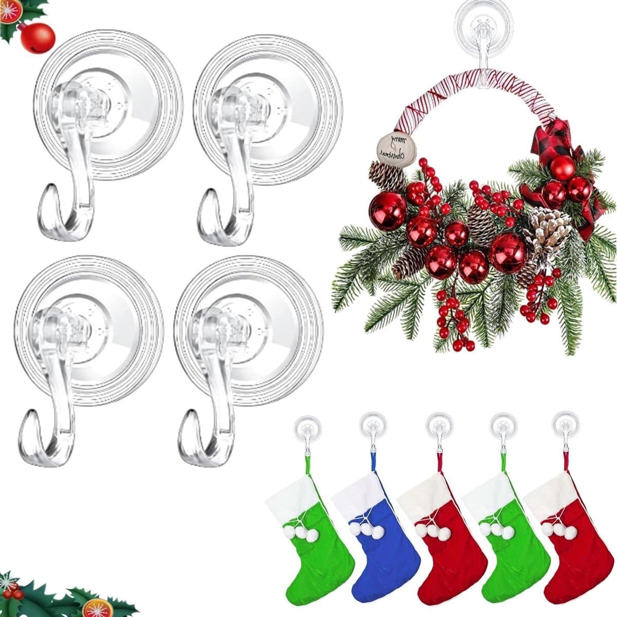 Kerstkrans Hanger - Zuignap Haak - Decoratie Ophangen - Verwijderbaar Zonder Sporen - 4 x 3 Inch - Transparant