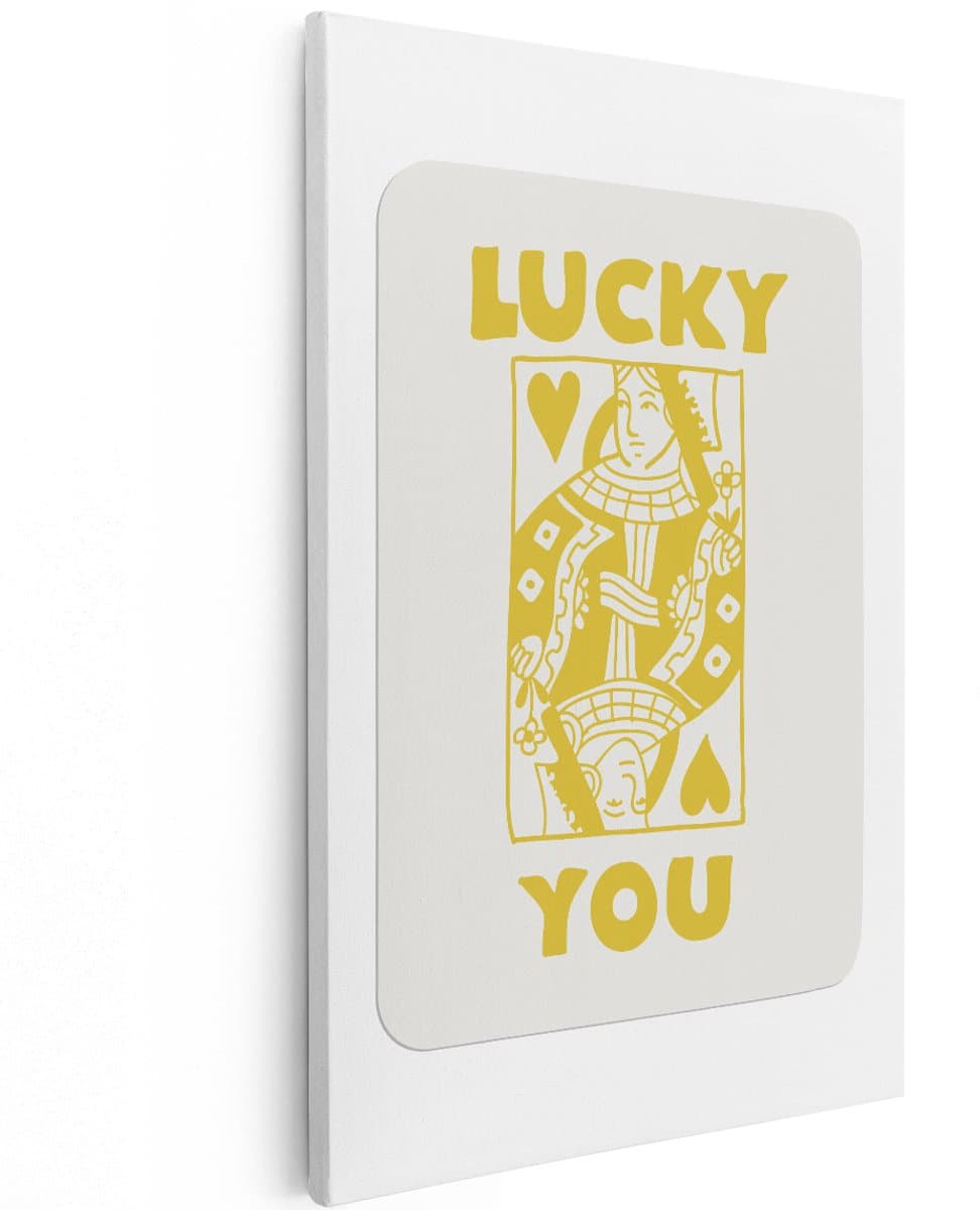 Artaza Canvas Schilderij Lucky You - 120x180 cm - Groot - Wanddecoratie Tekst - Muurdecoratie Speelkaart - Decoratie Hart Retro - Geel