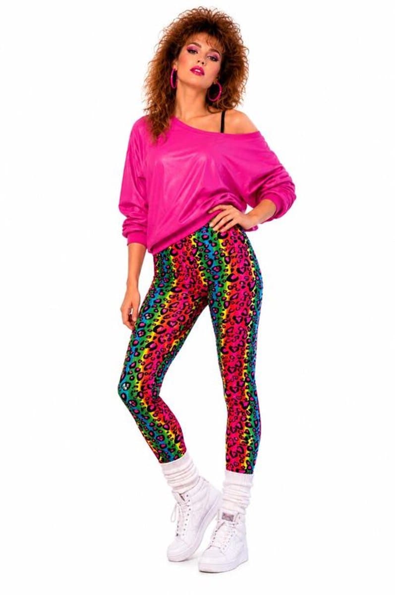 Neon Luipaard Legging Dames – Premium Kwaliteit – Jaren 80 Disco Legging – Retro Fitness & Carnaval - Maat XL