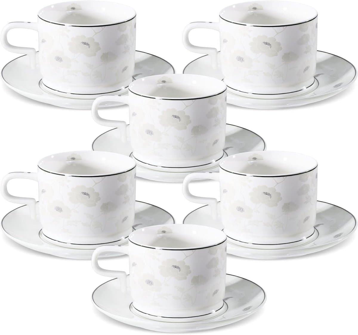 Set van 6 Elegante Porseleinen Theekopjes met Schotels voor Koffie en Thee, Perfect voor High Tea en Cadeaus, Inhoud 220ml