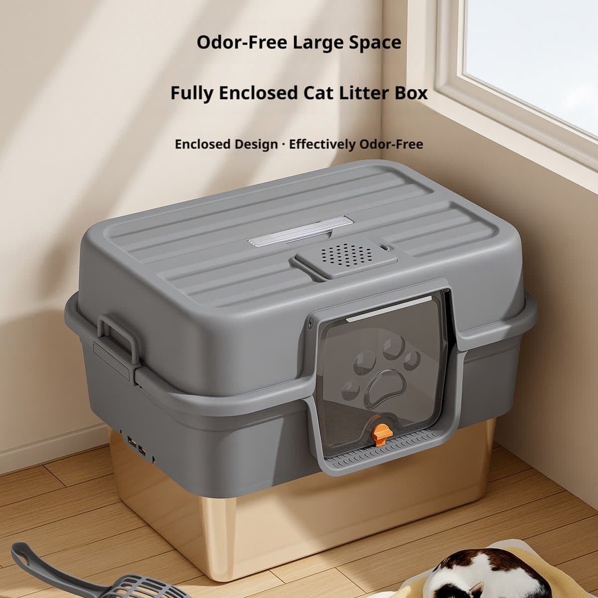 GYW Steel Litter Box- Kattenbak - Roestvrijstalen Bak - Gesloten deksel- Anti-Slip Pads