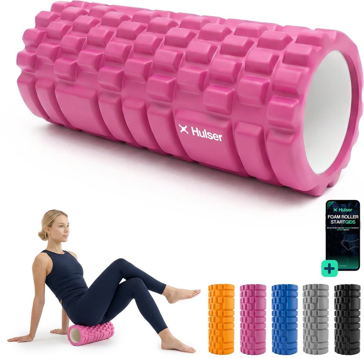 Hulser Foam Roller 33 cm – Massage roller – Fitness en Yoga foamroller – Roze – Met digitale startgids - Voor triggerpoint massage - Grid Trigger