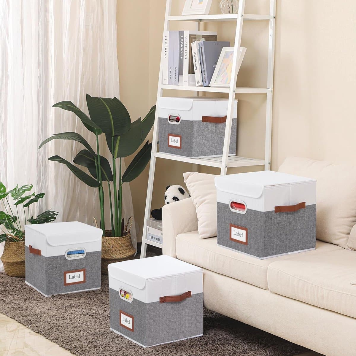SNK038WG-4 Opvouwbare opbergdozen met deksel, set van 4, opbergdoos met 3 handgrepen, grote vouwdoos voor kasten, kleding enz, 38 x 25 x 25 cm, wit/grijs
