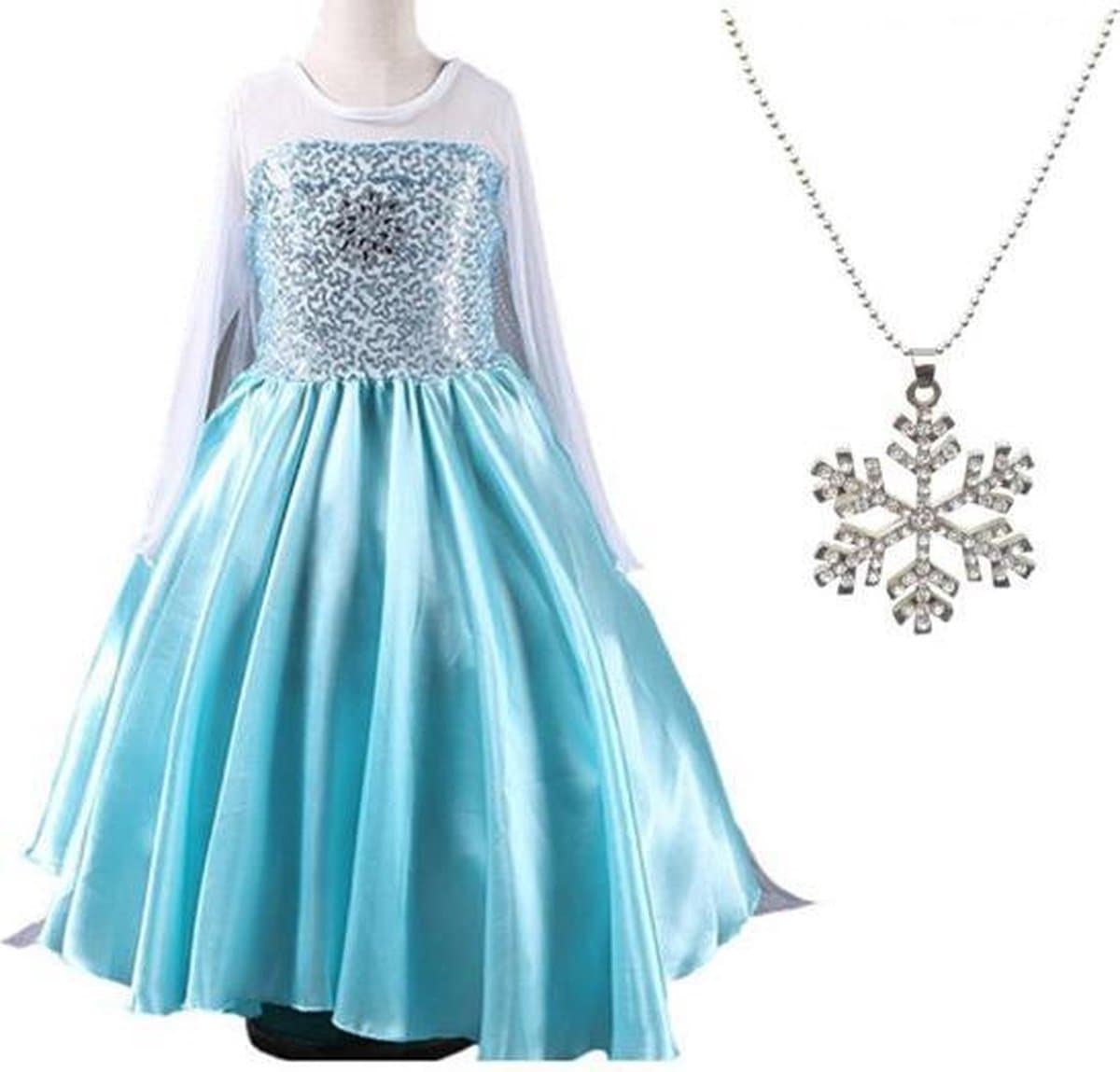 La Señorita Elsa jurk Ster 150 met sleep + Ketting maat 140-146 Prinsessenjurk meisje blauw Verkleedkleren meisje