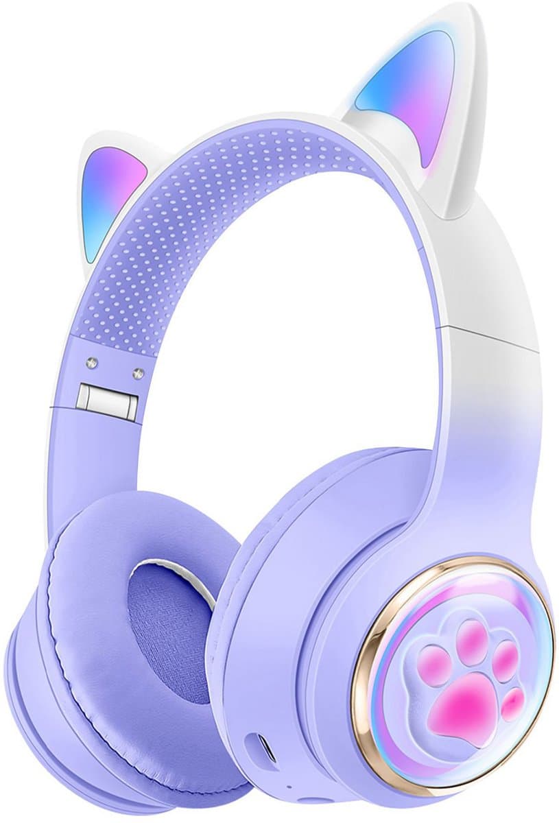 Draadloze Gaming Headset met LED Katoorkappen - Bluetooth Oortelefoon met Lichteffecten voor Meisjes,paars
