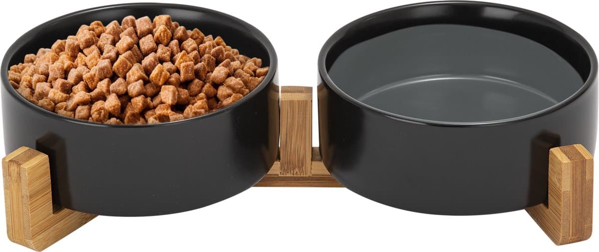 Jake and Jacky Voerbak Kat en Hond Keramiek - Kattenvoerbakjes - Hondenvoerbak - Etensbakjes voor kat - Voerbakken Dubbel met Standaard - Drinkbak en Eetbak - 2x 400 mL - Zwart