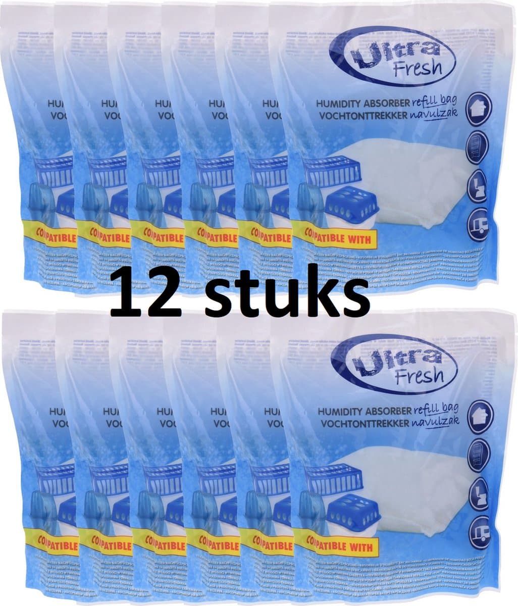 Ultra Fresh - Vochtvanger Navulling - Vochtontrekker navulzak - 12 x 400gr - Voordeelverpakking - inclusief bakjes
