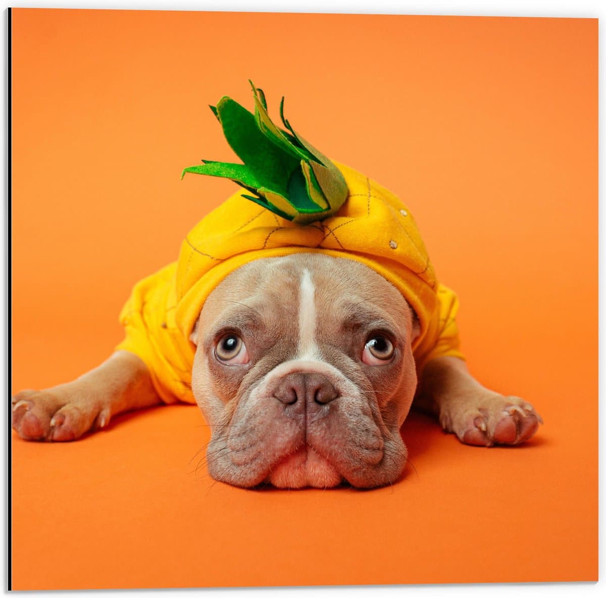 Dibond - Hond met Ananas Pak bij een Oranje Achtergrond - 50x50 cm Foto op Aluminium (Wanddecoratie van metaal)