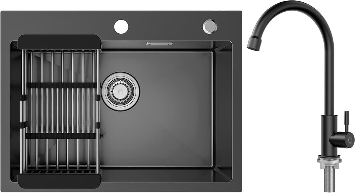 Sofetiy MAX Spoelbak Keuken 60x45cm - Spoelbakken Keuken Met Koud water Keukenkraan - Spoelbak Keuken met Kraangat - Spoelbak met Afdruipgedeelte - Antraciet