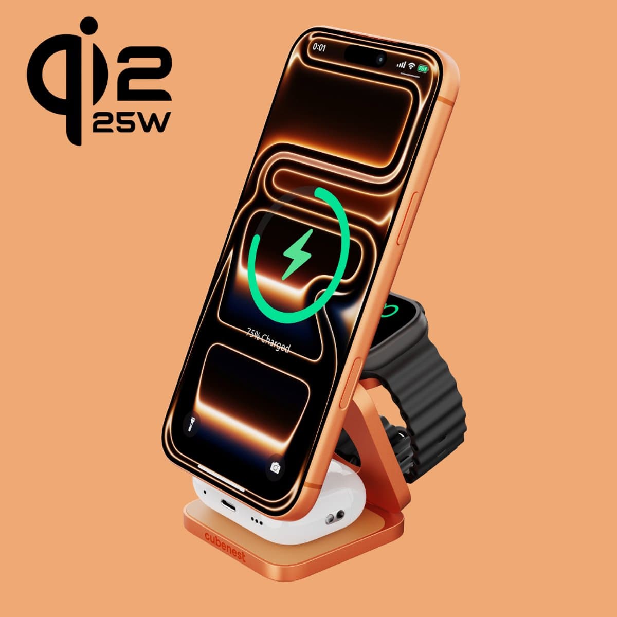 Cubenest 3-in-1 SQ312 Ultra - Qi2.2 opvouwbare aluminium draadloze oplader - compatibel met Magsafe - draadloze oplader voor Apple Watch, AirPods, iPhone 12- 17 (Alle modellen) - Qi2.2-apparaten - totaal vermogen 35 W - Oranje