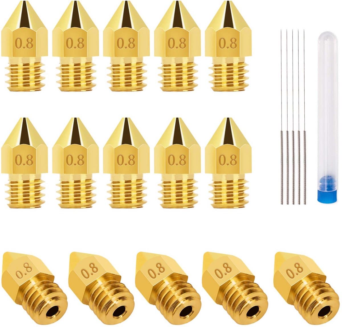 15 stuks 0,8 mm 3D-printermondstukken en 5 stuks 0,6 mm reinigingsnaalden voor 3D-printers