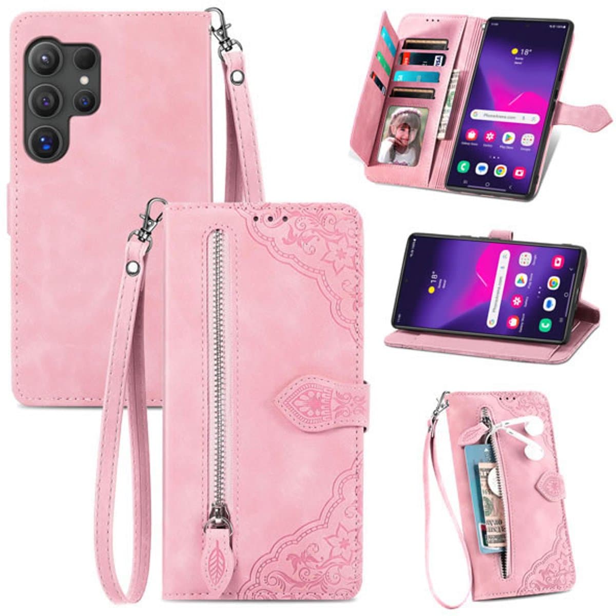 YPCd Portemonnee Bookcase Hoesje Geschikt voor Samsung Galaxy S24 Ultra – PU Leren Wallet Flip Cover met Ritssluiting – Pasjesvakken & Polsbandje – Standfunctie – Bloemen – Roze