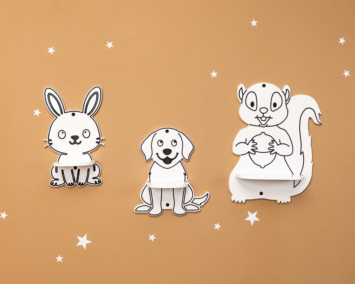 CozyCollections –Kinderboekenkast - Boekenrek - Speelgoedkast - Wandplaken - Dieren Wandrek Set – 3-delig (Konijn, Hond & Eekhoorn) – Houten Wandplanken Kinderkamer