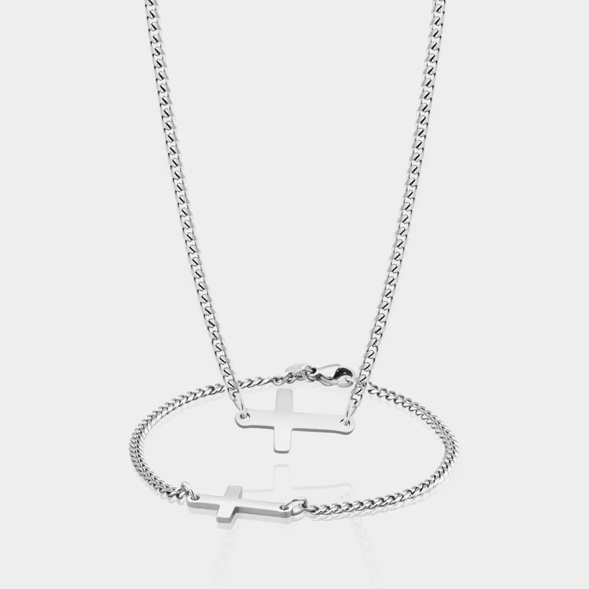 Cuban Cross Ketting 3 mm x Cuban Cross Armband 3 mm - Zilveren Schakelketting en Schakelarmband Heren - 60/19 cm lang - Olympus Jewelry