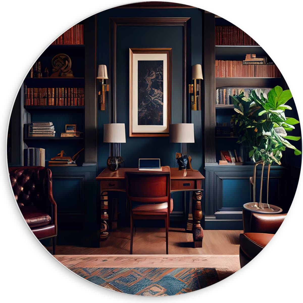 PVC Schuimplaat Muurcirkel - Kamer - Bruin - Stoelen - Plant - Boeken - Kantoortje - 60x60 cm Foto op Muurcirkel (met ophangsysteem)