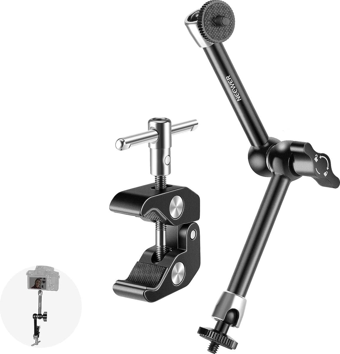 Neewer® - Super Klem met 1/4 inch en 3/8 inch Draad en Verbeterde Verstelbare 25cm Magische Arm met 1/4 inch Draadschroef voor Flitser, LED-licht, Microfoon, Monitor, Kooi - Belastbaar tot 2kg