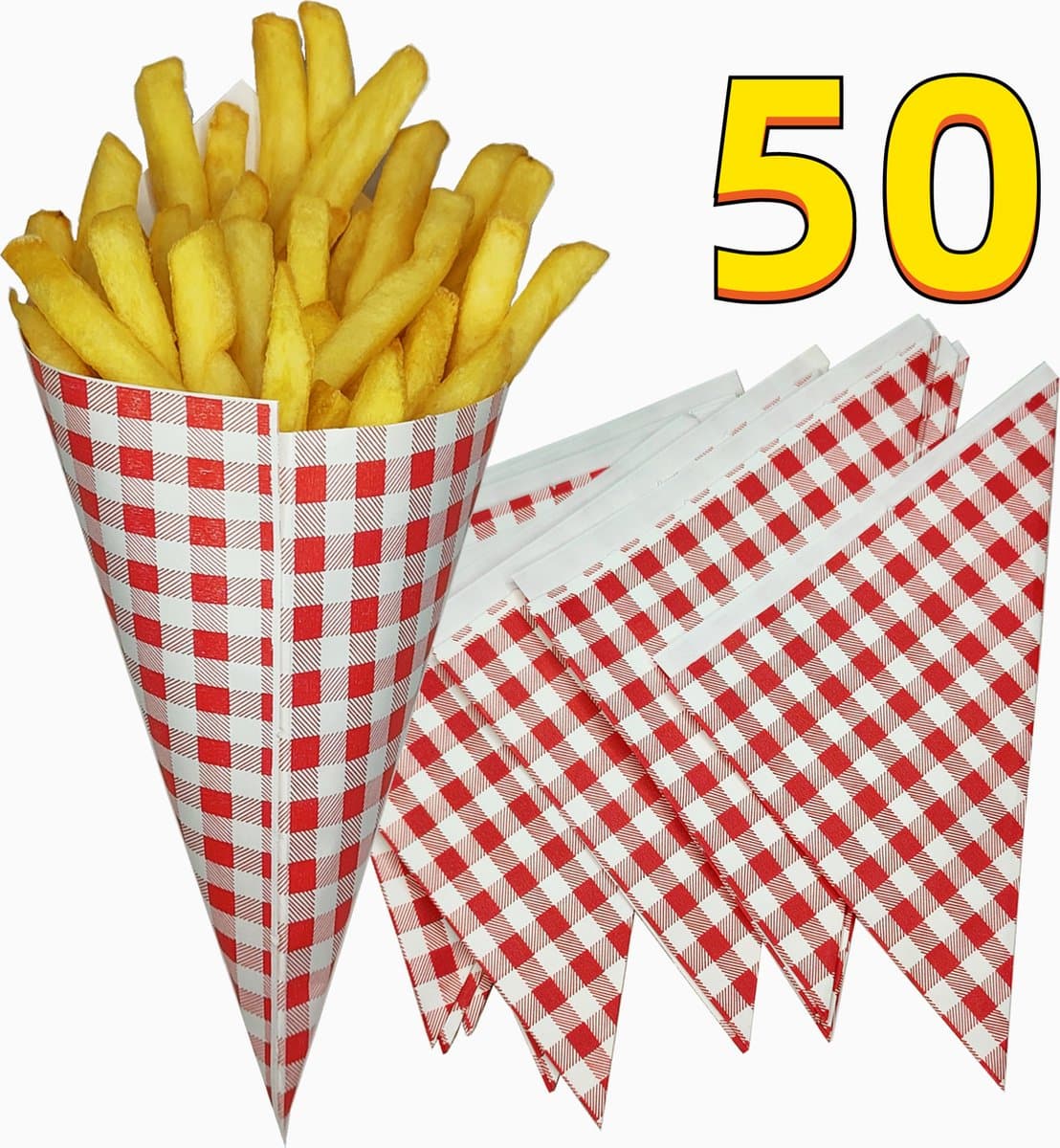 Rainbecom - 50 stuks - 21 x 21 x 30 cm - Frietszak - Patatzak - Puntzakken - Frietszakjes - Papieren Frietzak