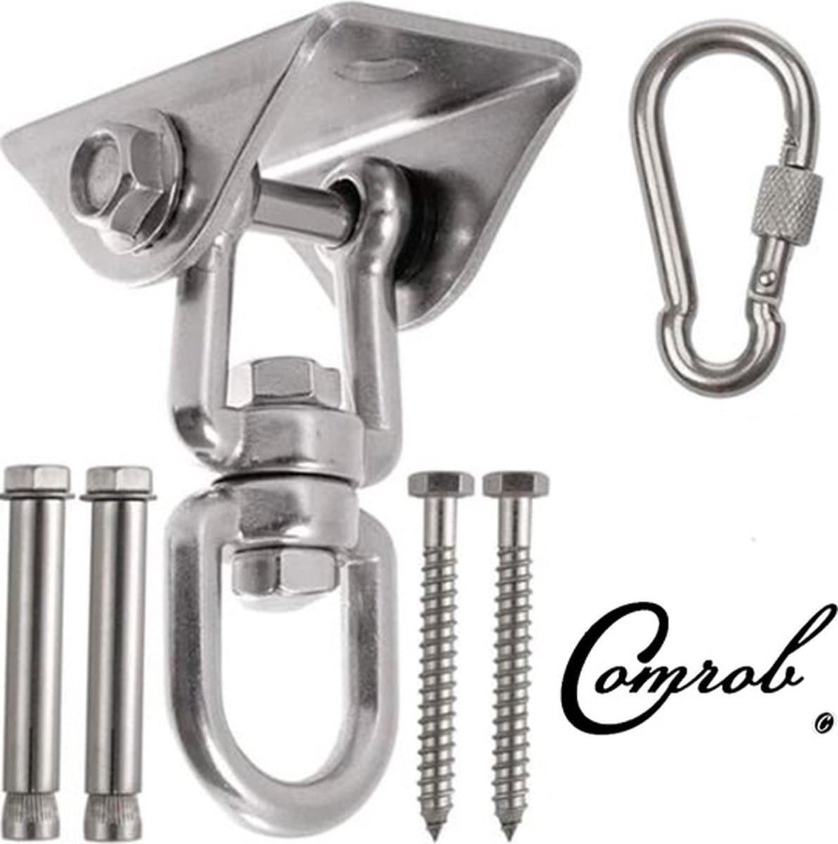 Comrob Heavy Duty Plafondhaak Ophangsysteem voor BETON en HOUT Ophanghaak incl karabijnhaak Hangstoel, bokszak, hangmat etc - RVS tot 550kg