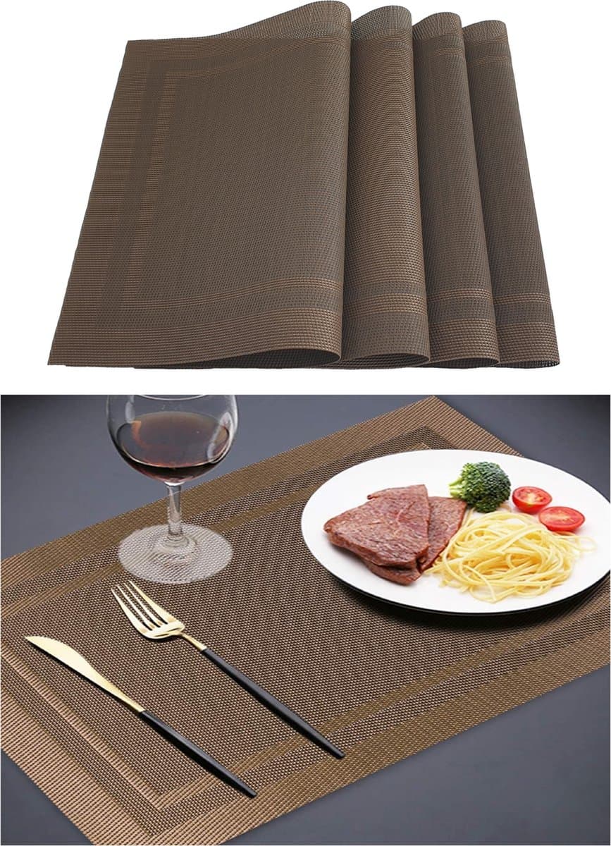 Placemats - Hittebestendig - Onderleggers Placemats - Makkelijk schoon - Fijngeweven PVC - 30 x 45cm - Bruin - 4Stuks