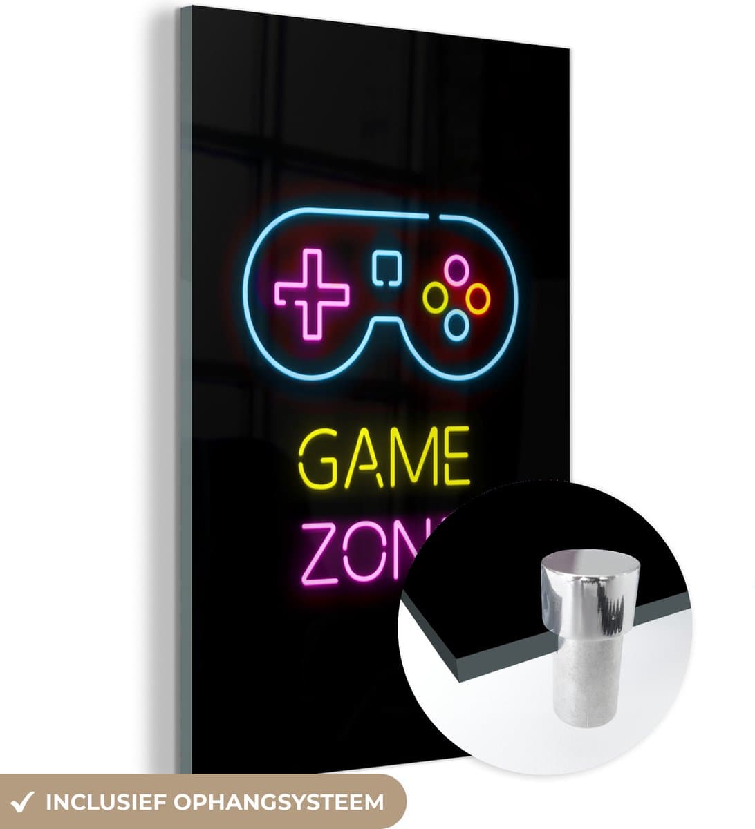 ® Glasschilderij 20x30 cm - Schilderij acrylglas - Controller - Game - Neon - Zwart - Quotes - Game zone - Foto op glas - Muurdecoratie woonkamer - Wanddecoratie slaapkamer - Schilderijen