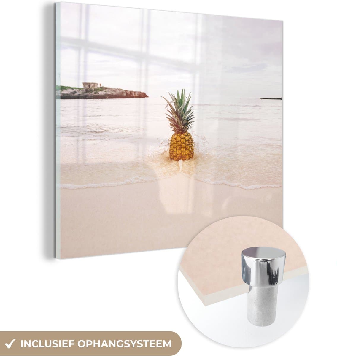 MuchoWow® Glasschilderij 90x90 cm - Schilderij acrylglas - Zomer - Ananas - Zand - Strand - Foto op glas - Schilderijen