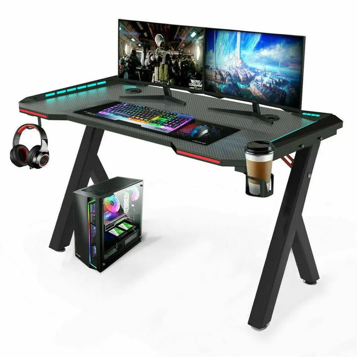 Groot Laptop Computer Bureau - Middelgroot - PC Bureau - Rechthoekig Staand Bureau - met RGB LED-verlichting - Gaming en Thuiskantoor - Zwart