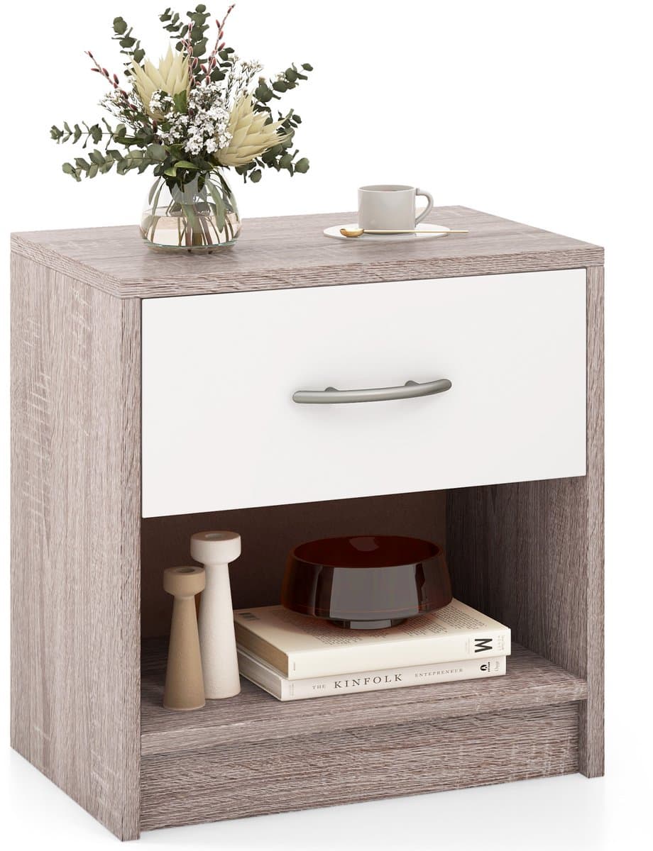 COSTWAY Nachtkastje met lade, kleine bijzettafel met open vak, banktafel, nachtkastje, nachtkastje voor slaapkamer, woonkamer, 38,5 x 28 x 40,5 cm (lichtgrijs + wit)