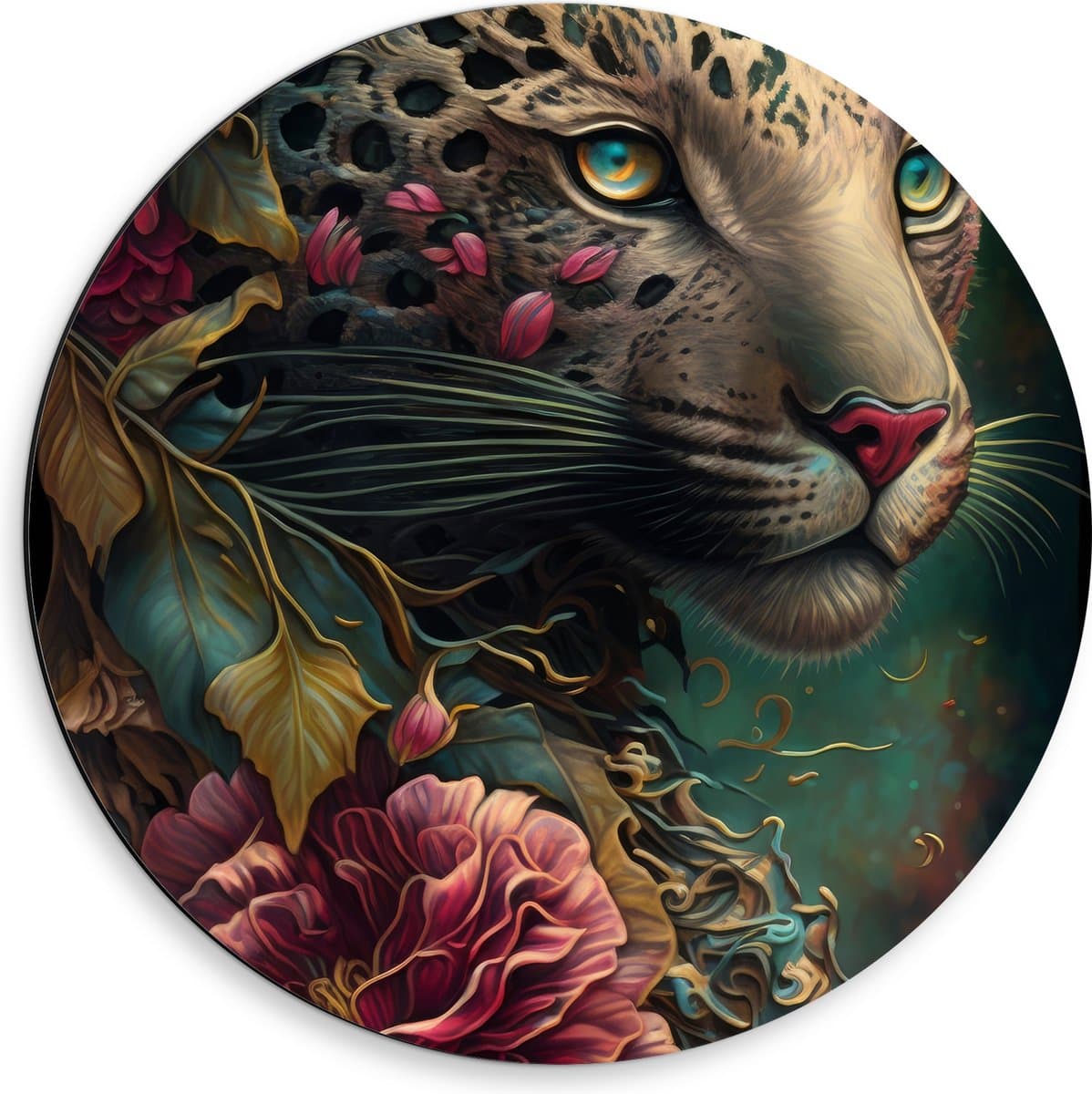 Dibond Muurcirkel - Wit Luipaard met Vacht van Blauwe en Roze Bloemen - 50x50 cm Foto op Aluminium Muurcirkel (met ophangsysteem)