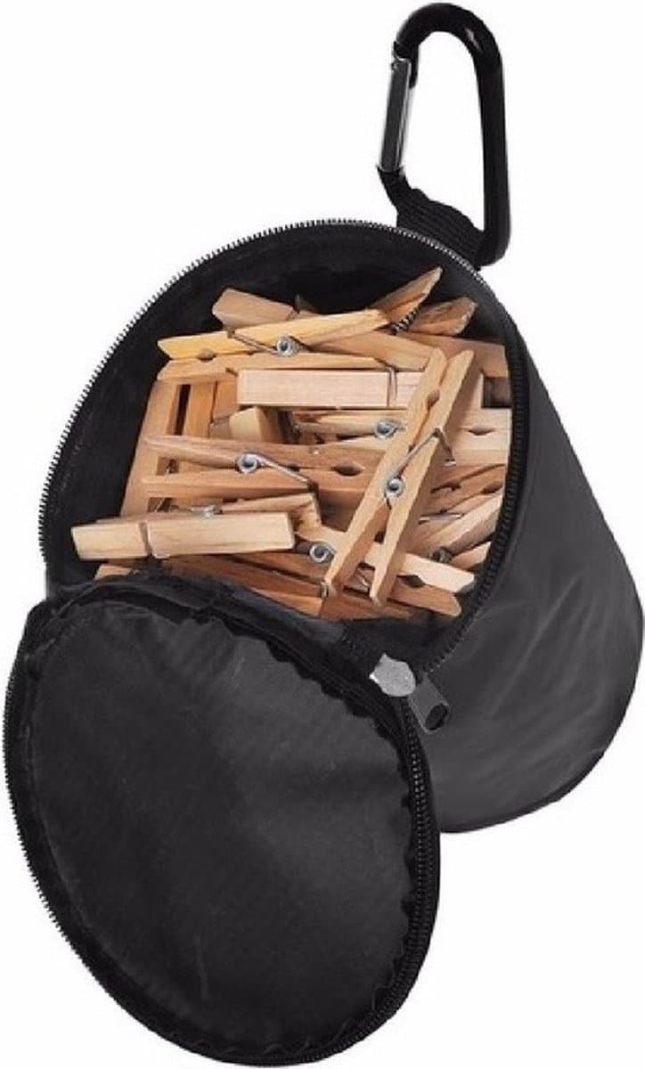 Wasknijperzak met karabijnhaak - en 100x stuks houten knijpers - knijperzak - Was ophangen