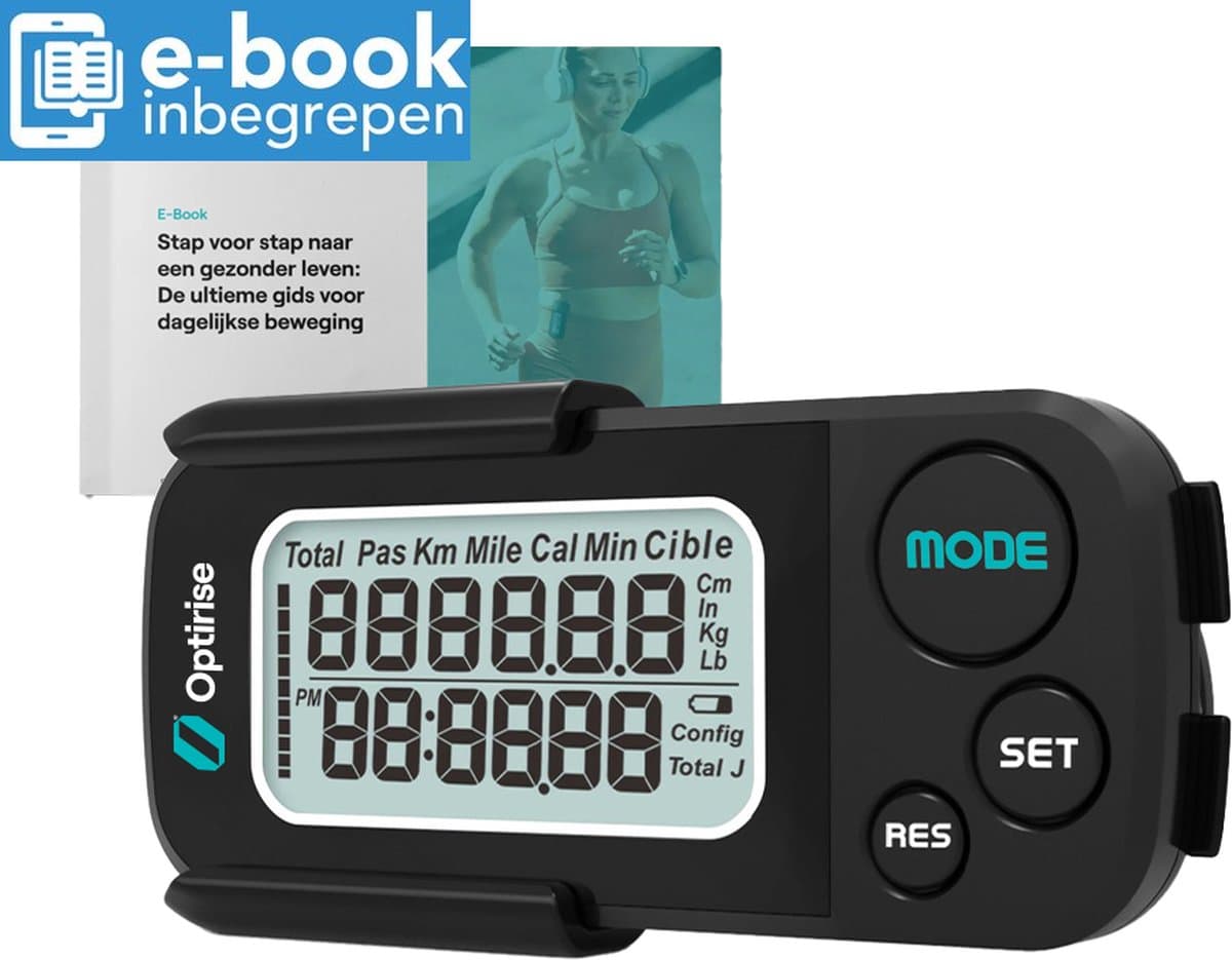 Optirise Stappenteller Broekzak + Ebook + Clip & Draagkoord - Activity Tracker - Pedometer - Stappentellers - 3D Sensor - Fitness Tracker - Voor Dames & Heren, Volwassenen & Kinderen - Zwart