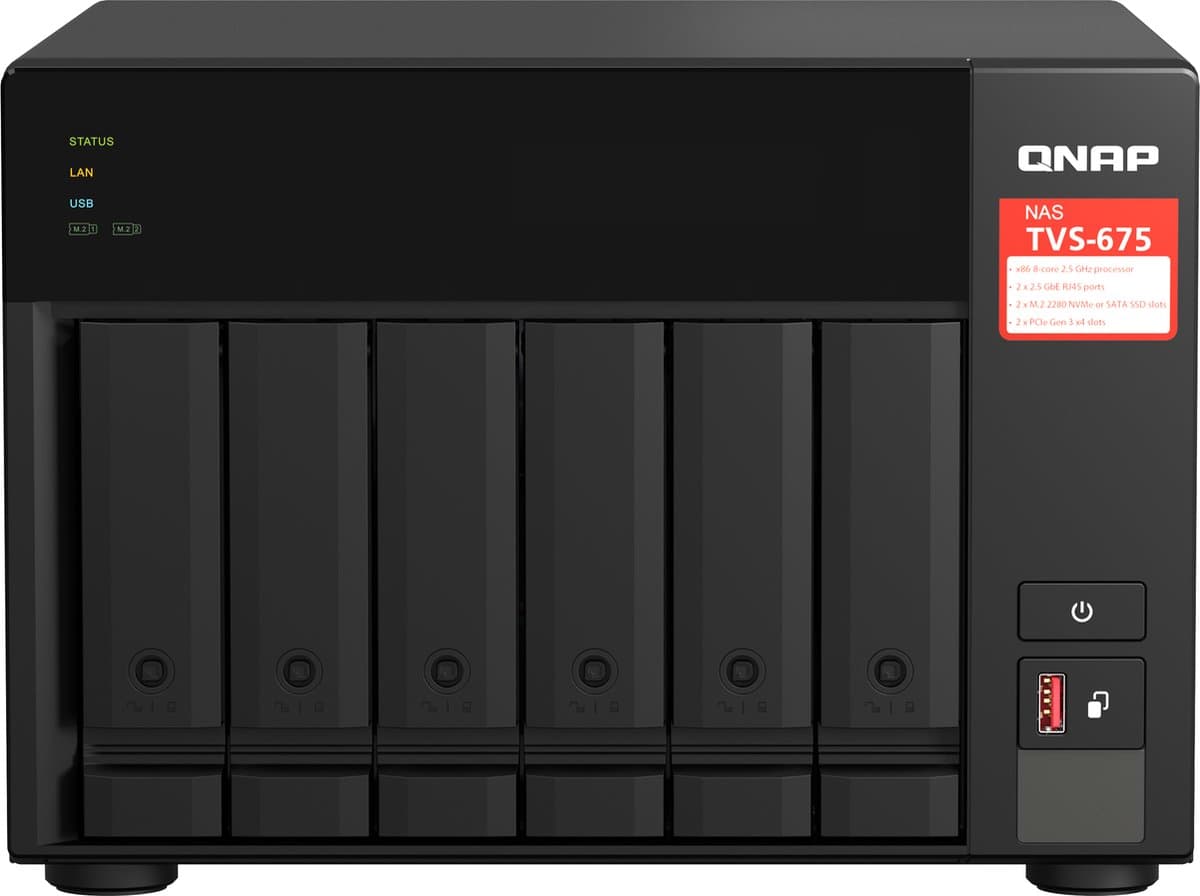 QNAP TVS-675 NAS Tower ZhaoXin KaiXian KX-6000 KX-U6580 8 GB DDR4 0 TB QuTS hero Zwart