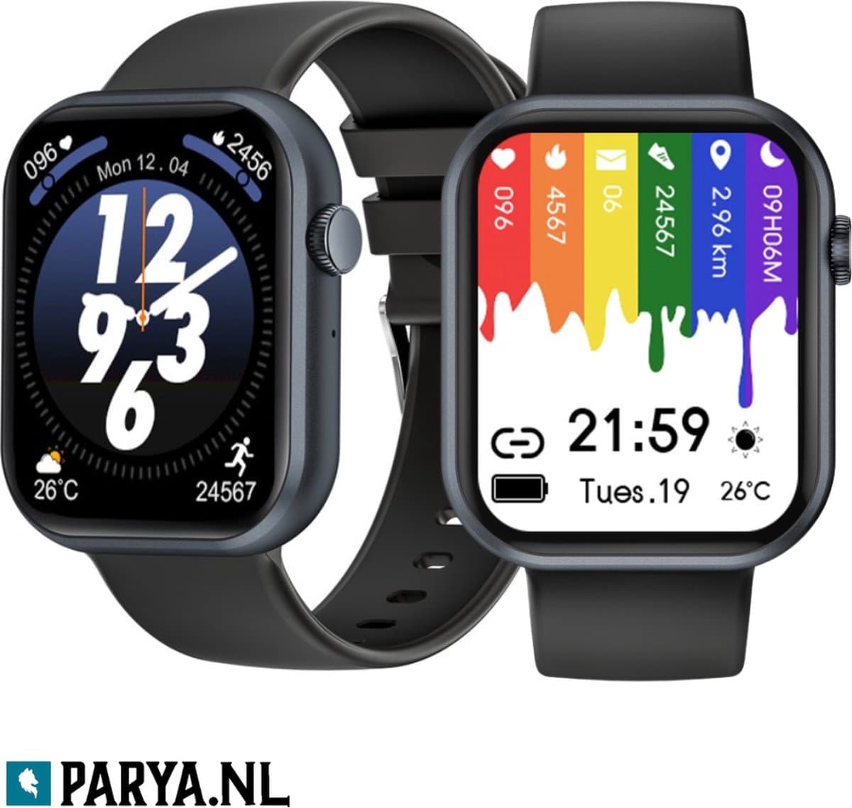 DutchWanted - Dark Black Smartwatch - 45,5mm - Siliconen Band - Voor Dames en Heren - Stappenteller - IOS en Android - Zwart