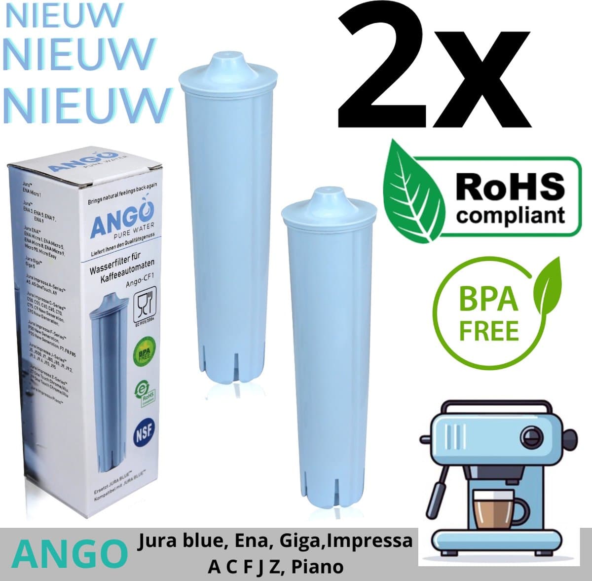 2x Waterfilter ANGO voor Jura volautomatische koffiemachines, compatibel met Jura Blue 71311/67007 - Jura - Jura ENA - Jura Giga - Jura Impressa A-Serie - Impressa C-Serie - Impressa F-Serie - Impressa J-Serie - Impressa Z-Serie - Jura Impressa Piano