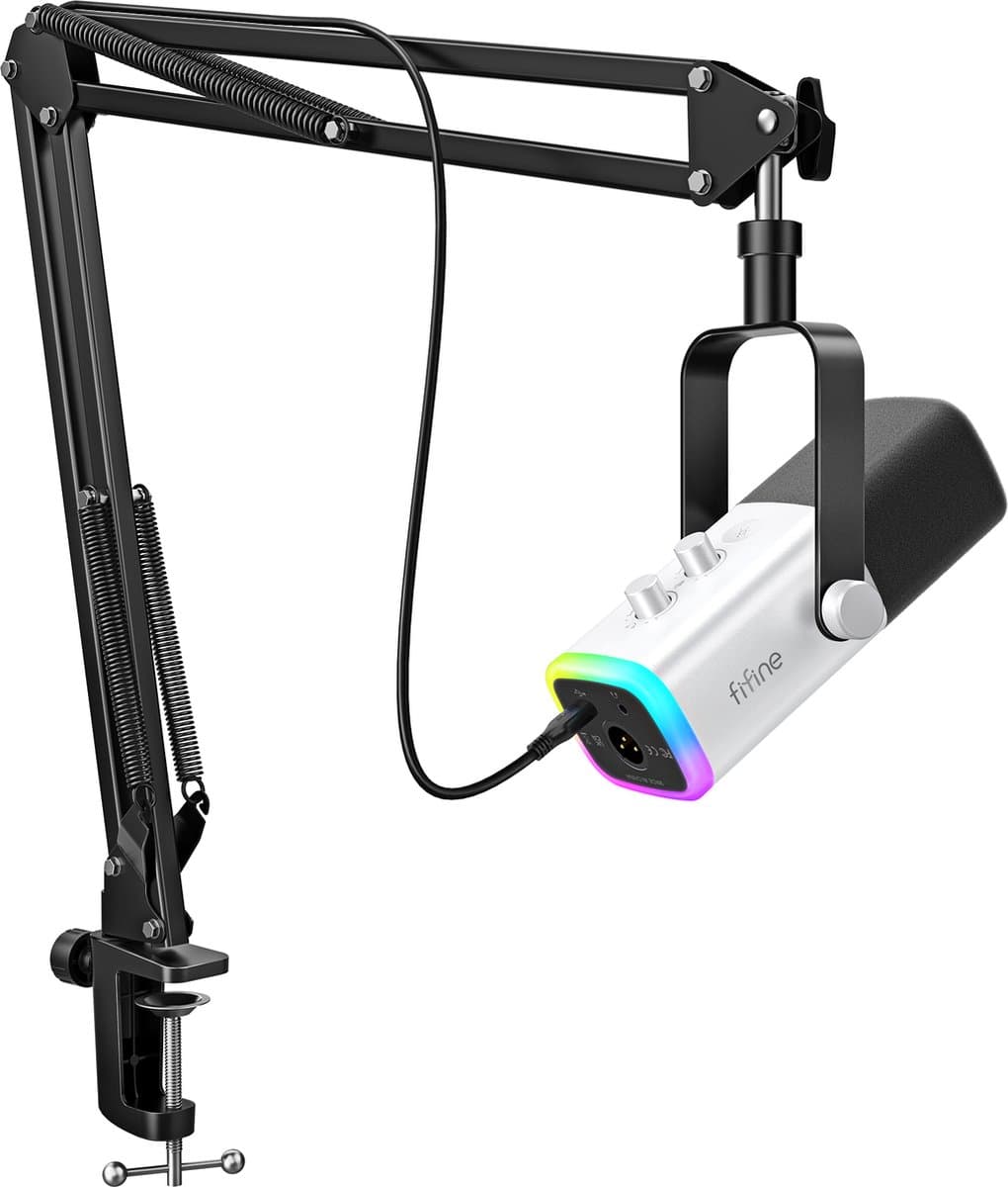FIFINE - AM8T - Wit - USB / XLR Studio microfoon - PC-Gaming Met Flexibele Arm ( 66cm! ) - Geschikt voor PC/PS4/PS5 - RGB - Podcast - Gaming - Streaming