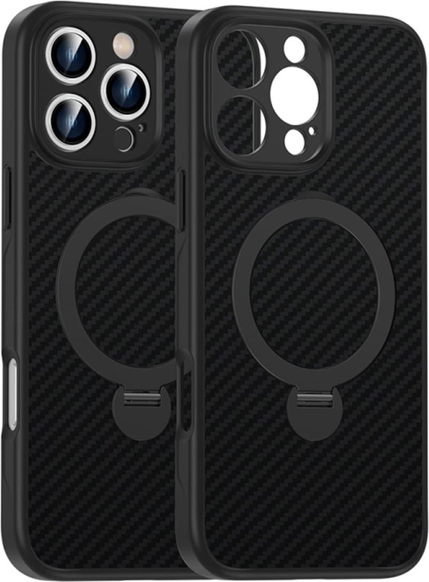 Geschikt Voor iPhone 16 Pro Max Carbon Fiber Back Cover Hoes met 360 graden draaibare houder - Zwart