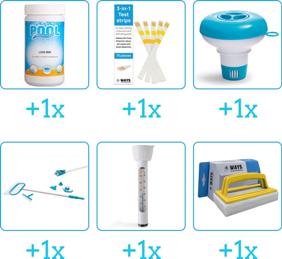 Zwembad Onderhoudspakket - Onderhoud Zwembad - bevat Chloor - Testrips - Chloordrijver - Schoonmaakset - Thermometer en Scrubborstel (6-delig)