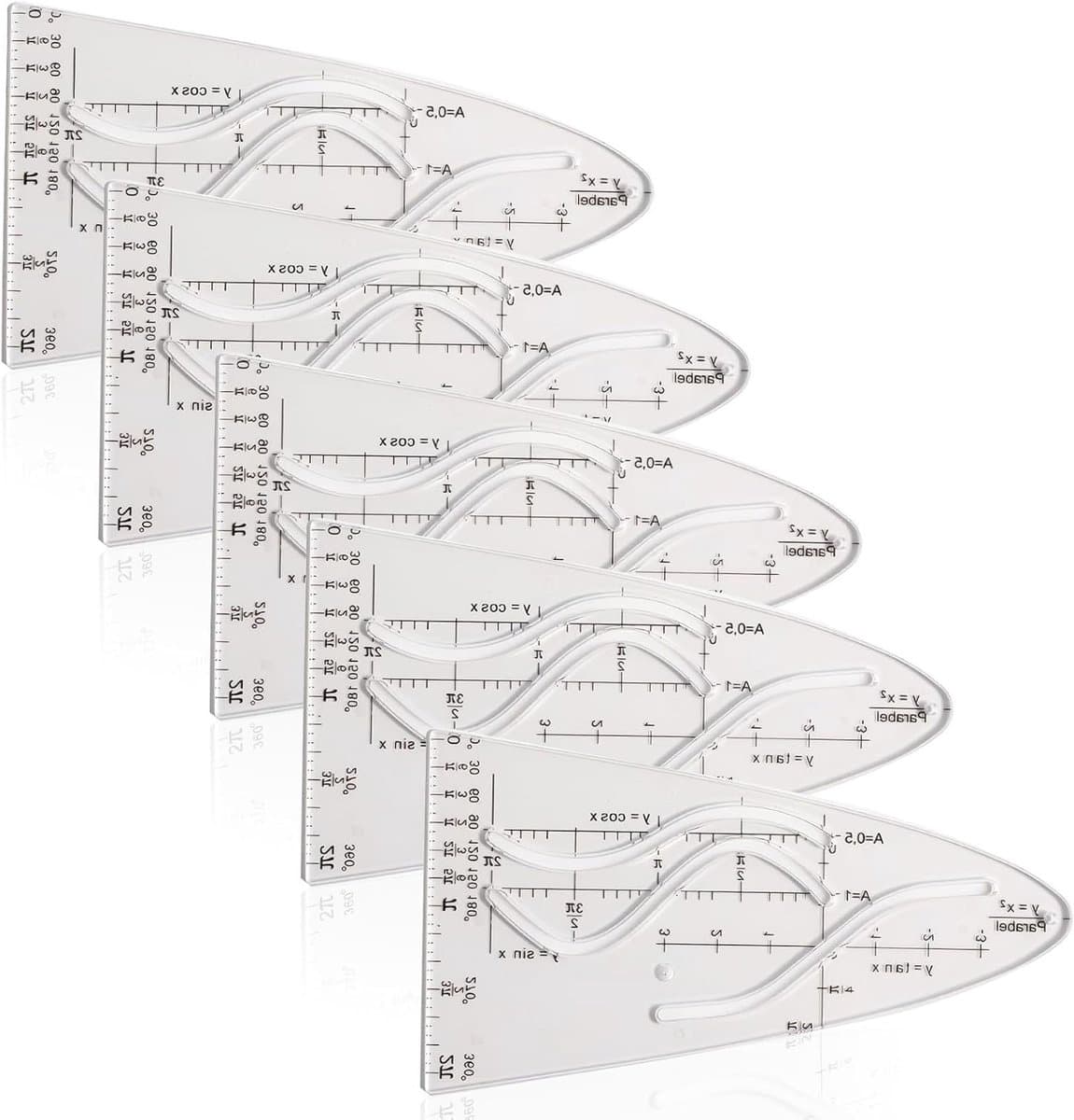 5-delige Parabola Sjabloon Set voor Wiskunde - Essentieel Hulpmiddel voor Grafieken en Curves, Ideaal voor Sine, Cosine en Tangent Berekeningen
